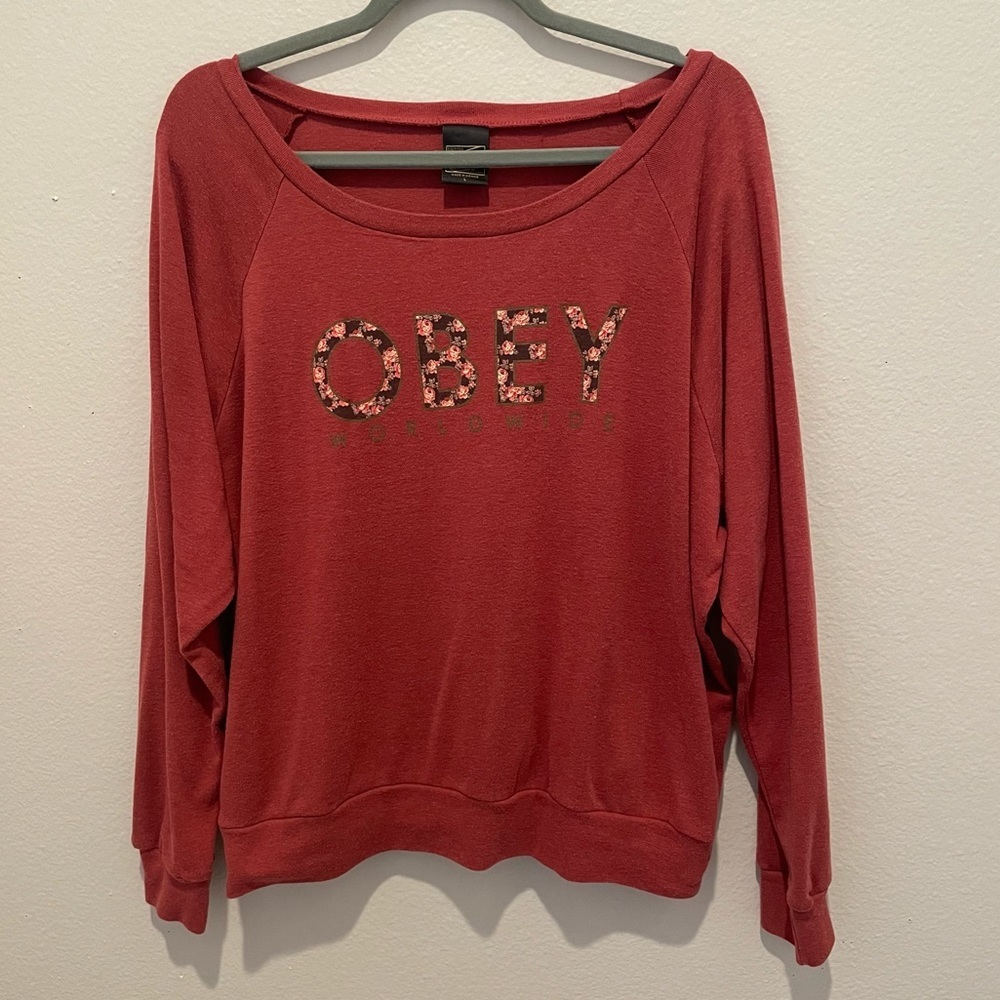Obey Women's Long Sleeve Pullover in Dusty Rose with Floral Logo